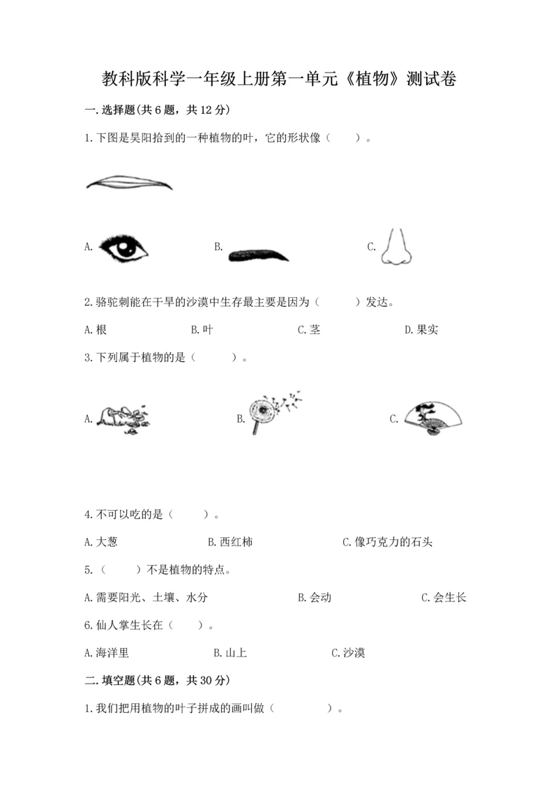 教科版科学一年级上册第一单元《植物》测试卷附参考答案（考试直接用）.docx