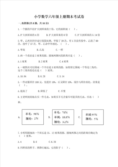 小学数学六年级上册期末考试卷附答案培优