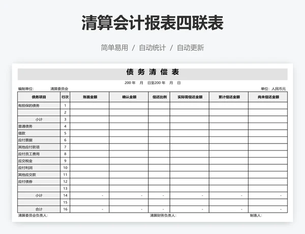 清算会计报表四联表