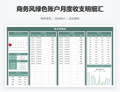 商务风绿色账户月度收支明细汇总表