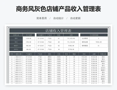 商务风灰色店铺产品收入管理表