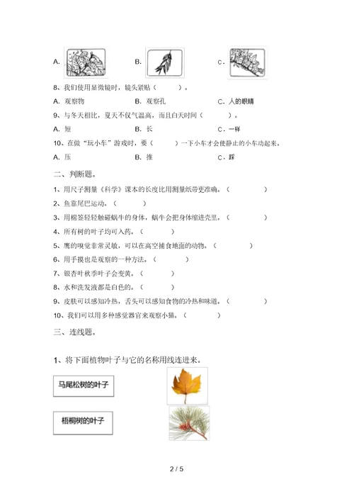 苏教版一年级科学(上册)期中复习卷及答案