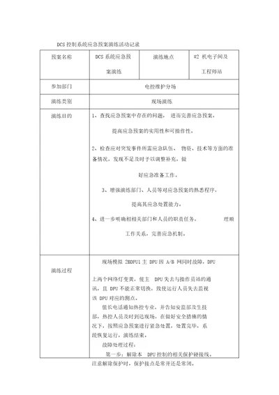 DCS控制系统应急预案演练活动记录