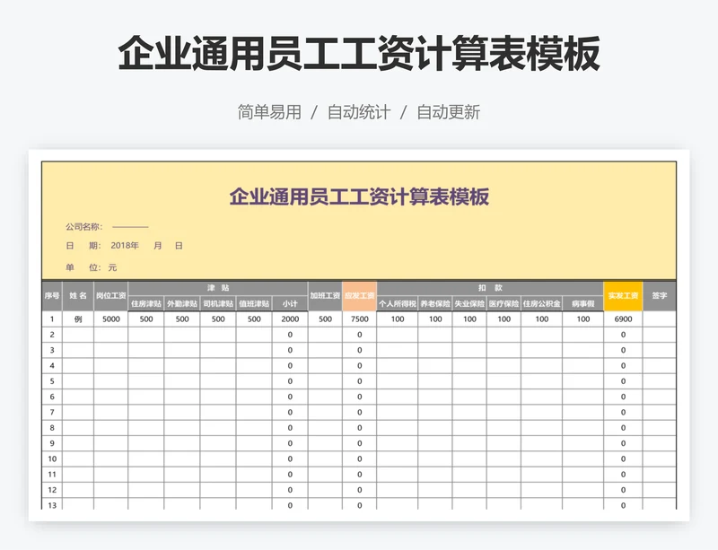 企业通用员工工资计算表模板