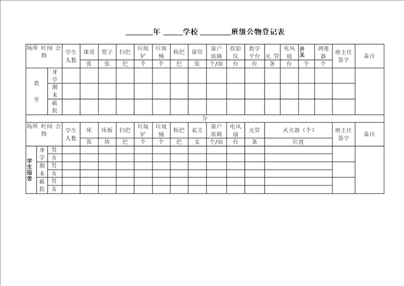 学校班级、宿舍公物登记表