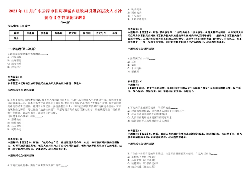 2021年11月广东云浮市住房和城乡建设局引进高层次人才冲刺卷含答案附详解第二一九期