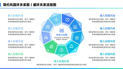 蓝色简约风9项圆环关系图PPT