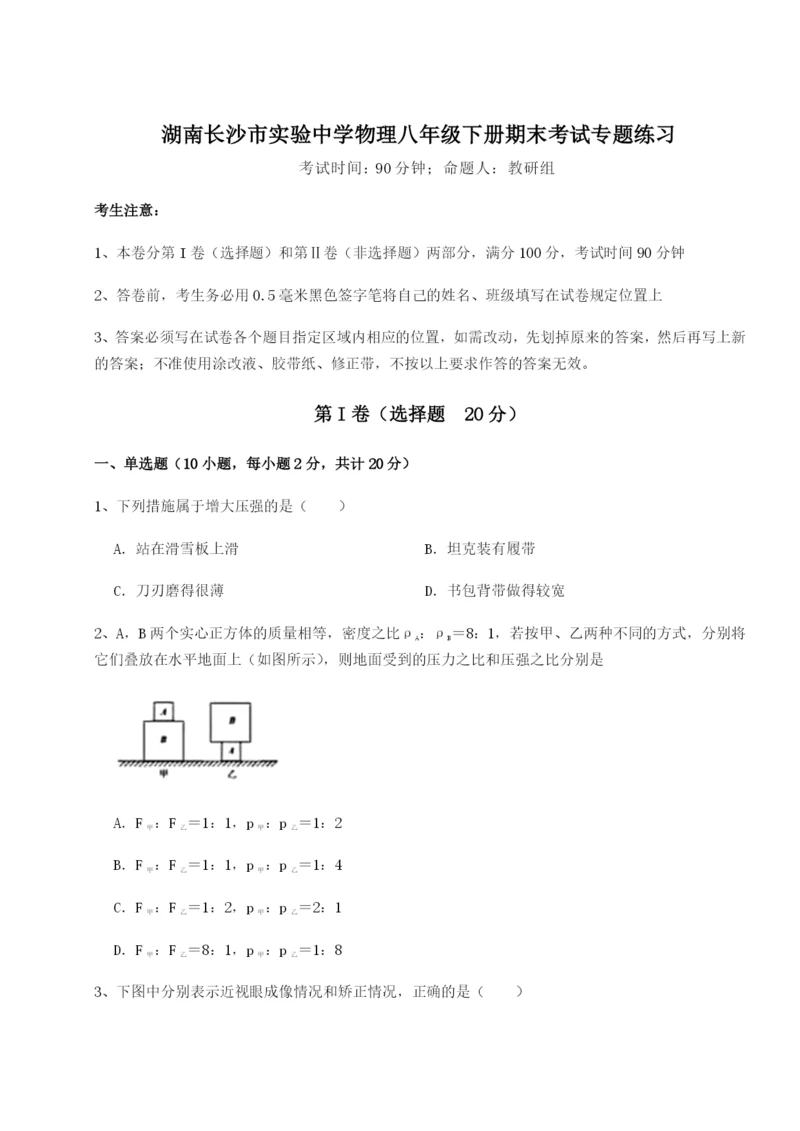 强化训练湖南长沙市实验中学物理八年级下册期末考试专题练习试卷（详解版）.docx