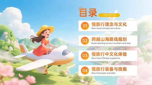 橙黄色3D关于跨越山海的慢旅行计划PPT模板
