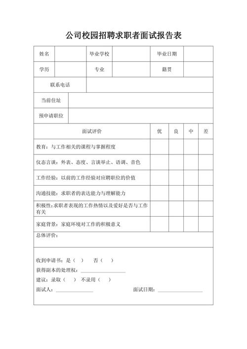 公司校园招聘求职者面试报告表