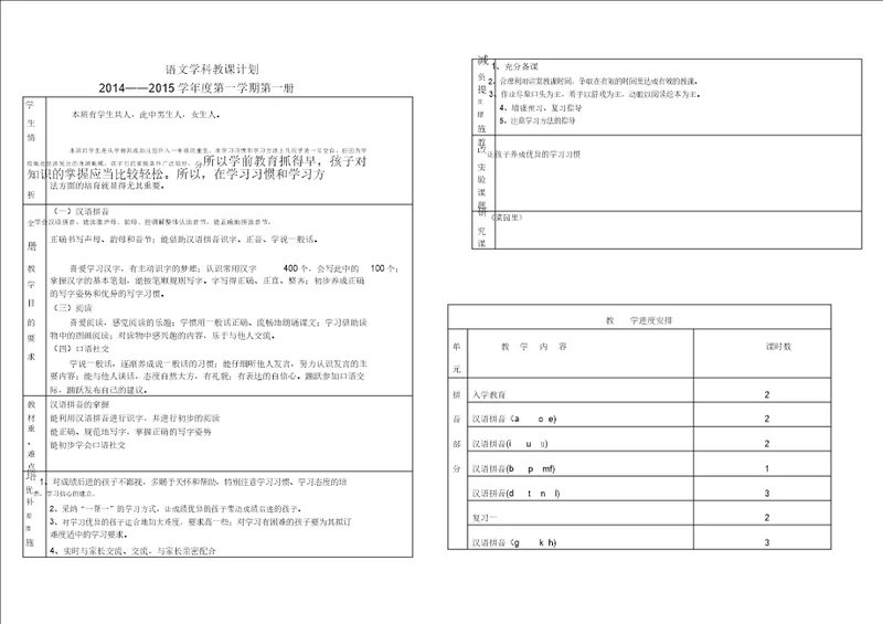 一上语文学科教学计划