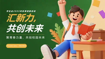 绿色活泼3D卡通风校园学生部门学生会招新PPT模板