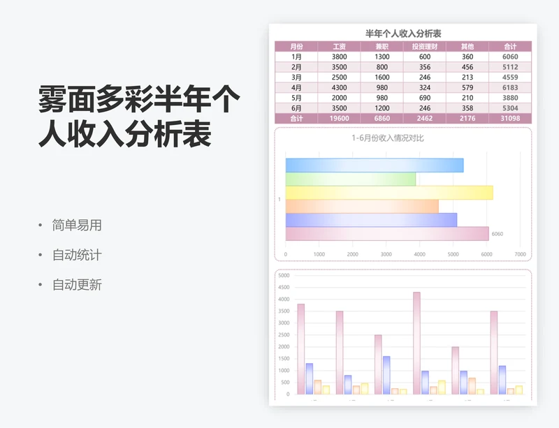 雾面多彩半年个人收入分析表