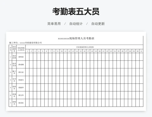 考勤表五大员