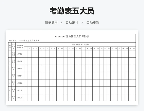 考勤表五大员