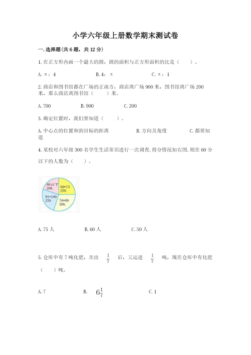 小学六年级上册数学期末测试卷及参考答案【黄金题型】.docx