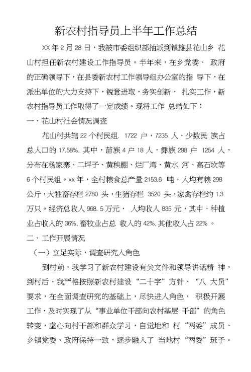 新农村指导员上半年工作总结