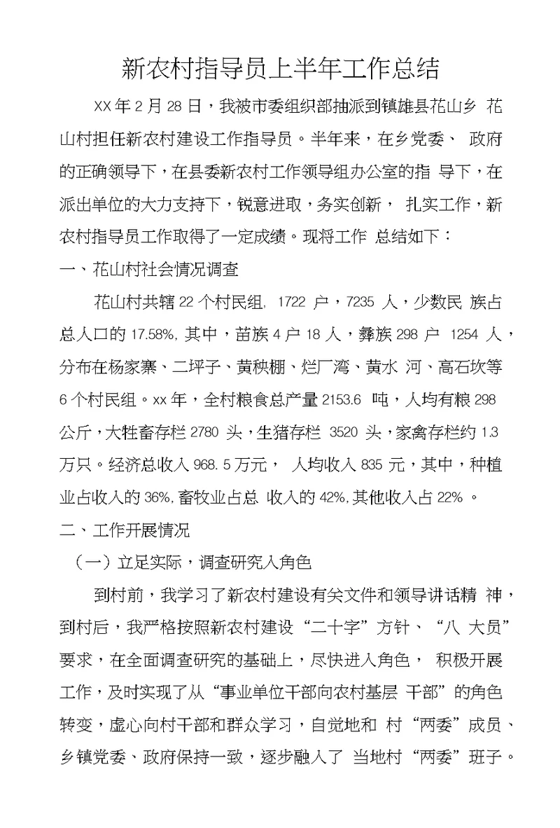 新农村指导员上半年工作总结