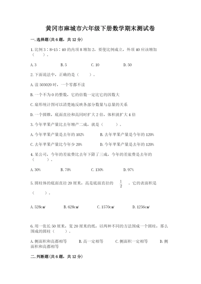 黄冈市麻城市六年级下册数学期末测试卷标准卷.docx