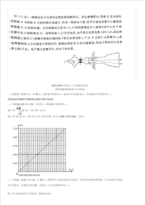 河南省郑州市20152016学年高二物理下学期期末考试试题扫描版