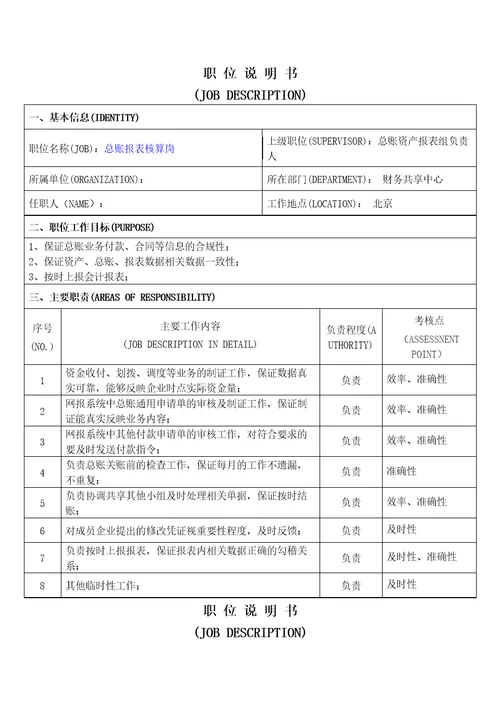 财务共享服务中心岗位职责总账报表组