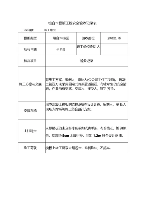 组合木模板工程安全验收记录表