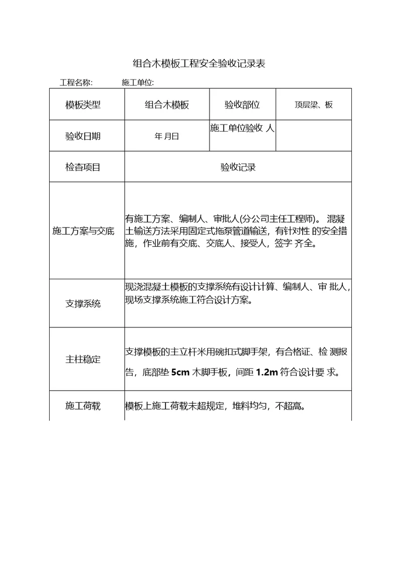 组合木模板工程安全验收记录表