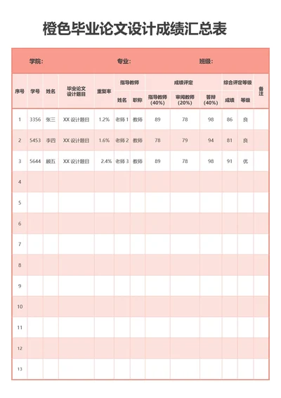 橙色毕业论文设计成绩汇总表