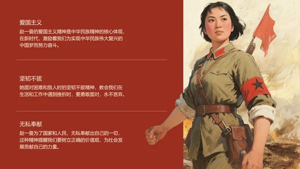 红黑配色复古油画风民族英雄赵一曼人物介绍PPT模板