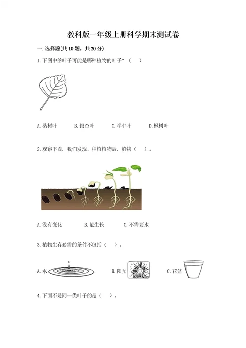 教科版一年级上册科学期末测试卷精品名校卷