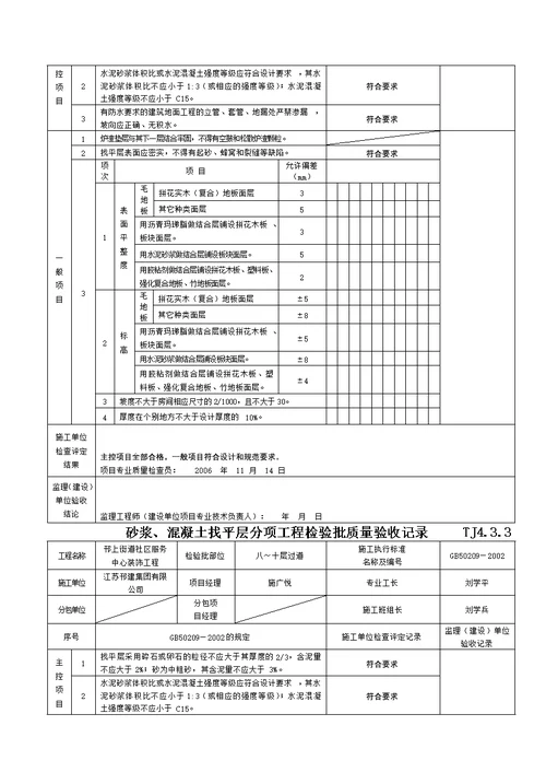 砂浆溷凝土找平层分项工程检验批质量验收记录TJ4