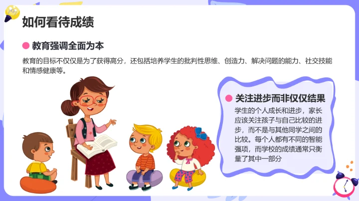 紫色卡通风期中总结与教育策略家长会PPT模板