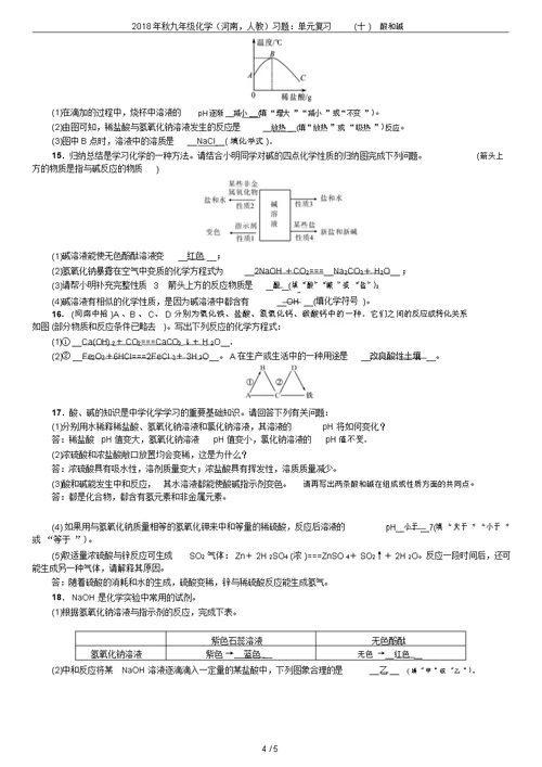 2018年秋九年级化学(河南,人教)习题：单元复习(十)酸和碱