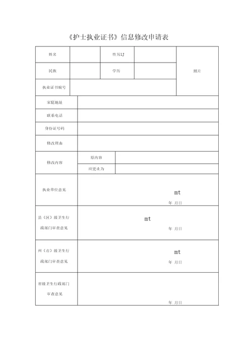 护士执业证书信息修改申请表