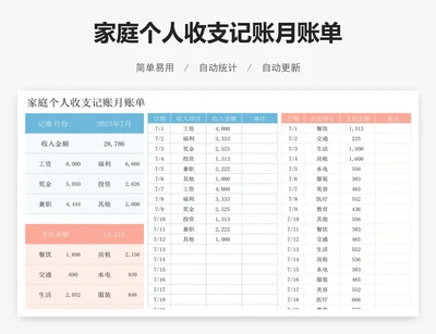 家庭个人收支记账月账单