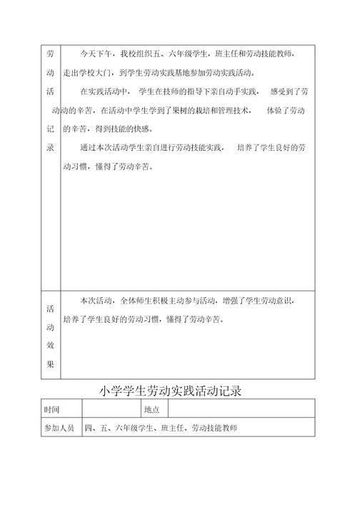 小学学生劳动实践活动记录文本