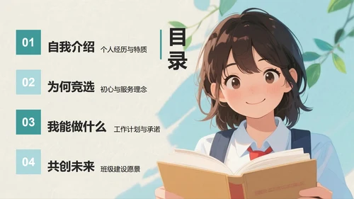 绿色手绘动漫插画风大学生班长竞选自我介绍PPT模板
