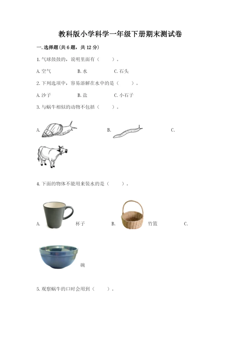 教科版小学科学一年级下册期末测试卷附答案(预热题).docx