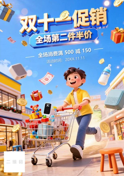 蓝色3D卡通风双十一电商大促营销策划海报