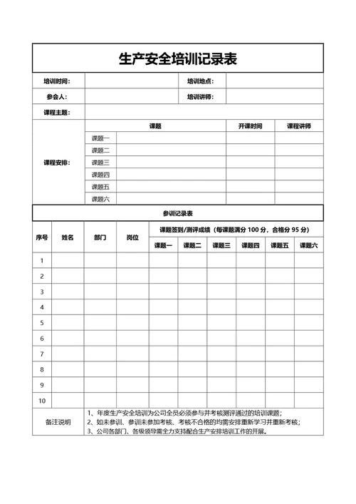 通用生产安全培训记录表