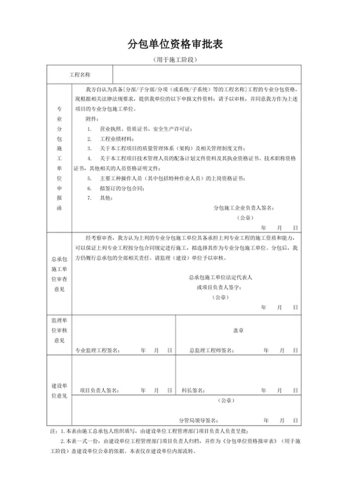 分包单位资格审批表