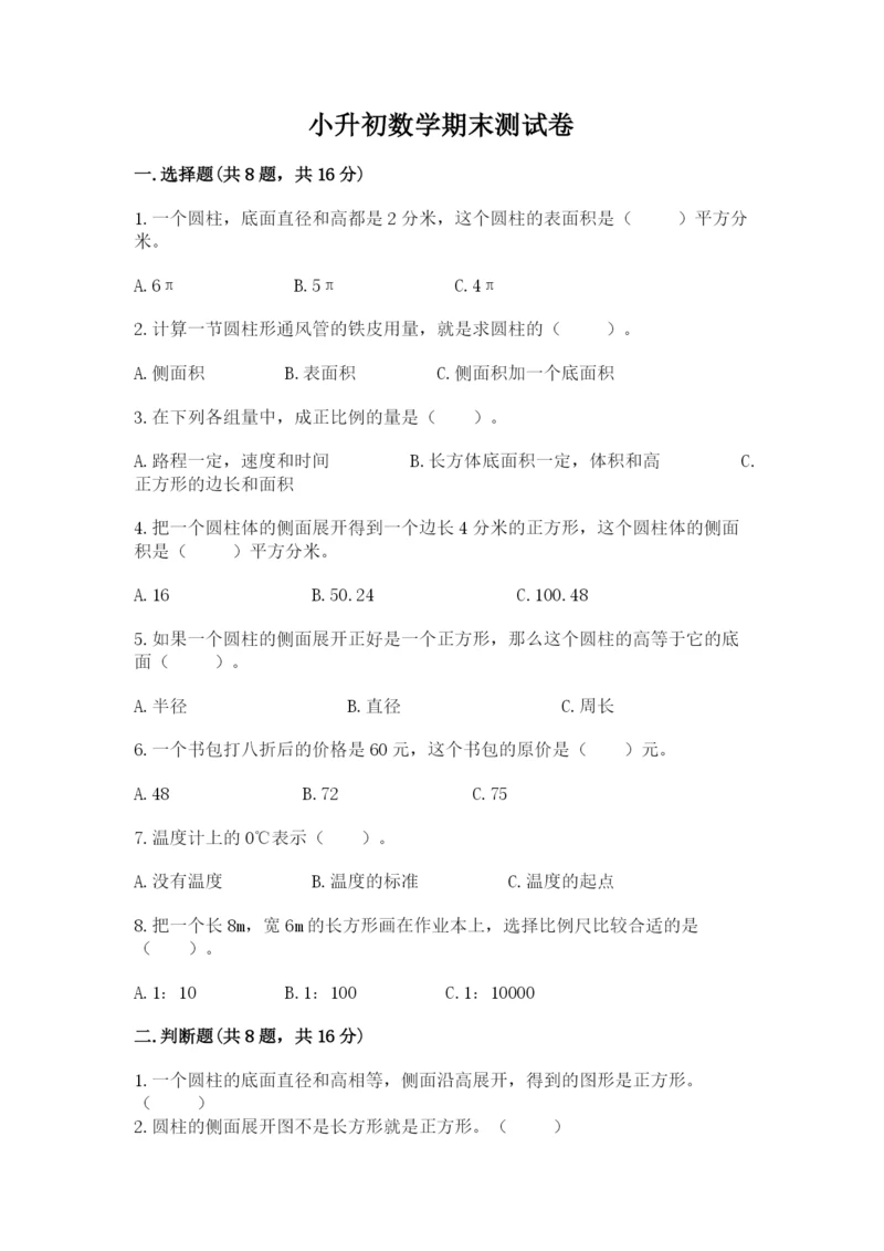 小升初数学期末测试卷精品【巩固】.docx