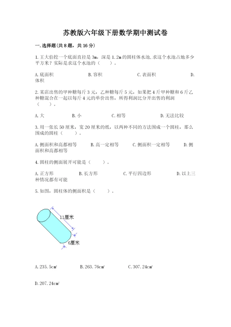 苏教版六年级下册数学期中测试卷（精华版）.docx