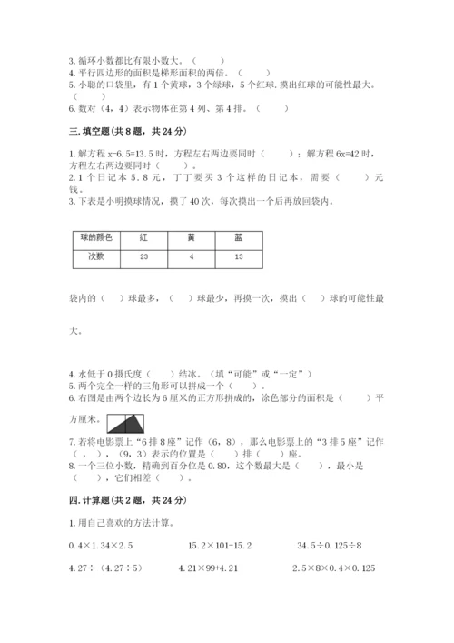 2022年五年级上册数学期末测试卷【预热题】.docx