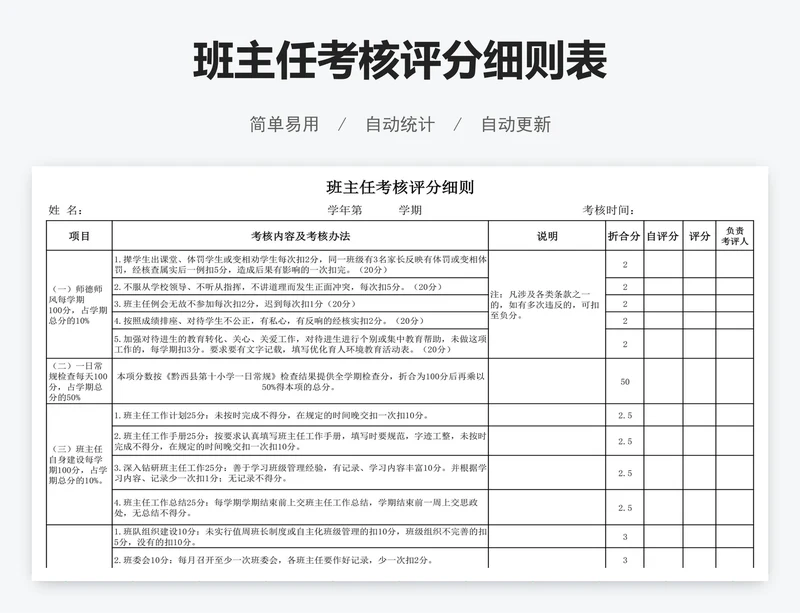 班主任考核评分细则表