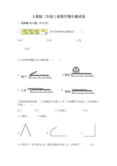 人教版二年级上册数学期中测试卷精品（名师系列）.docx