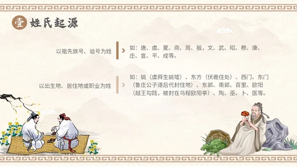中国风山水背景复古配色百家姓科普PPT课件中国传统文化