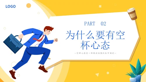 黄色简约插画心态空杯主题PPT模板