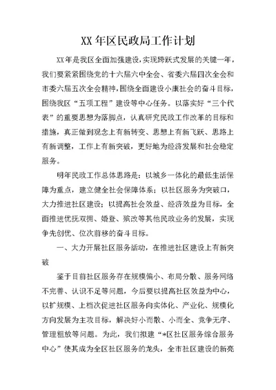 XX年区民政局工作计划