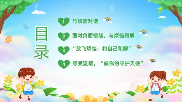 绿色清新卡通儿童中小学让成长不烦恼面对烦恼主题班会PPT